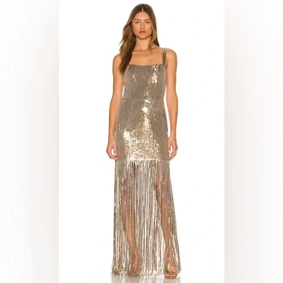 gold sequin tassel dress L'AGENCE Gracelynn Beaded Fringe Dress In Antique Gold Beaded Fringe main image 0